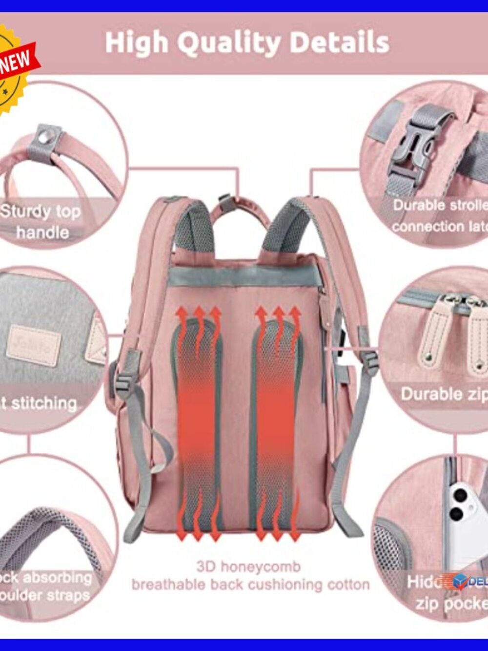 Large Capacity Diaper Backpack with Changing Station USB Port Waterproof - Picture 5 of 6